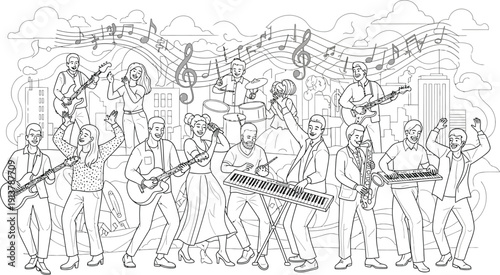 Large musical ensemble performing a lively street concert with various instruments against a stylized urban background for coloring enjoyment