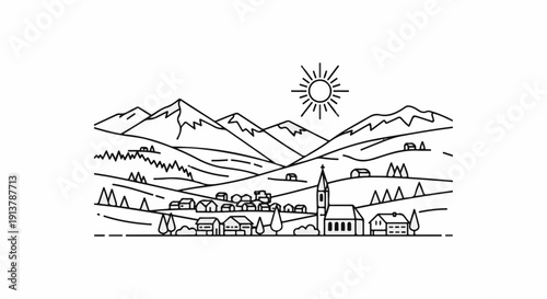 Minimalist line art depicts a sunny rural village nestled among rolling hills and mountains