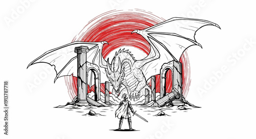 Knight facing a mythical dragon amidst ancient ruins under a red sun