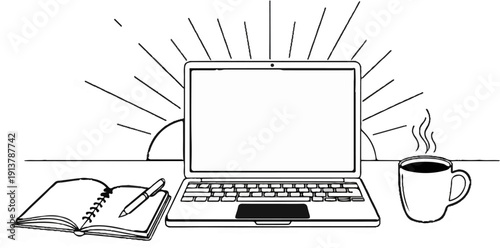Laptop, notebook, pen, and hot beverage at sunrise