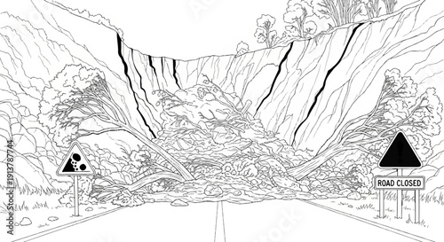 Landslide blocks road, warning signs indicate danger and closure