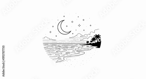 Minimalist line art of a crescent moon, stars, and clouds over a tropical beach at night