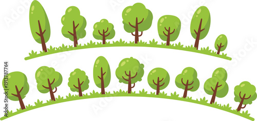 Kids cartoon tree elements lined up on grass flat vector set