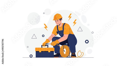 Electrician with Toolbox and Cables, Professional Maintenance Worker Illustration