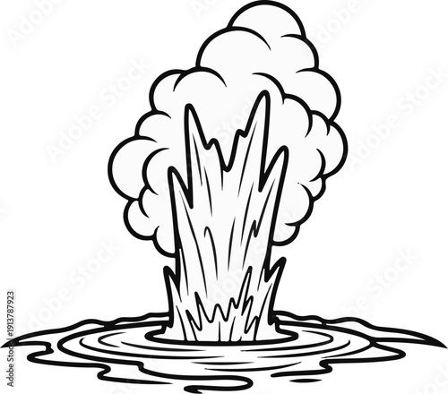 Line art depicts a powerful water spout erupting from calm, rippling liquid