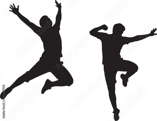 Two black silhouettes of men jumping on white background also transparent background