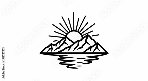 Minimalist outline of sunrise over mountains reflecting in water