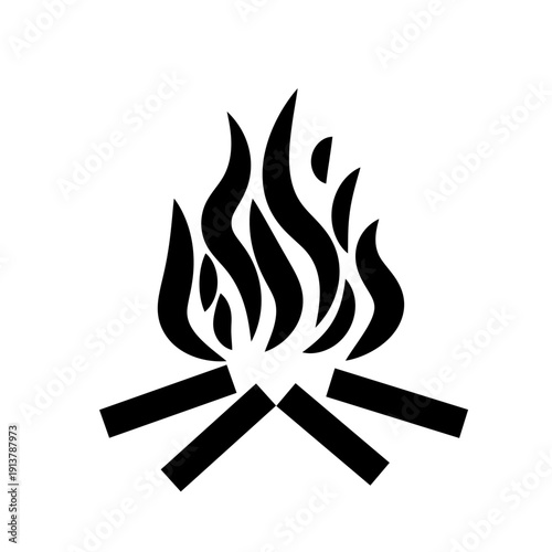 campfire, bonfire, Simple Black and White Campfire Icon with Flame and Wood Logs, Silhouette of Hot Campfire Burning on Logs