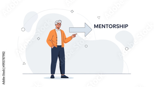 Experienced man pointing to mentorship arrow, guiding career growth