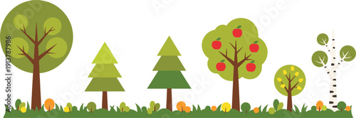 Kids style cute tree collection with grass line flat vector set