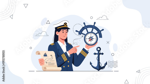 Female Ship Captain Holding Compass and Map, Nautical Theme Illustration