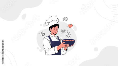 Happy Chef Holding Bowl of Hot Soup, Culinary Art, Food Presentation