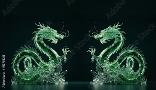 two green crystal of dragon statue on black background,fantasy,culture,religion,