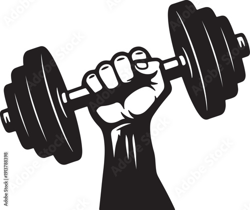 Black and white of a clenched fist holding a dumbbell also transparent background hand