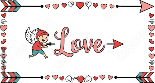 Illustration of a cartoon cupid shooting an arrow with love theme surrounded by hearts