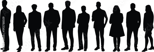 Business, people, silhouettes, diverse, professionals, standing, corporate, office, team, workforce, leadership, modern, employees, group, workplace, profile, isolated, vector, flat, illustration