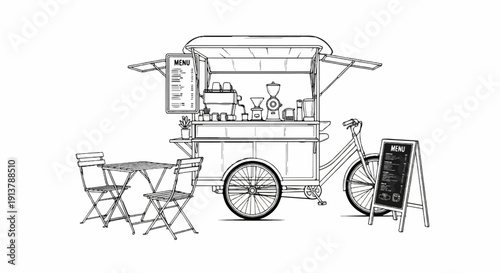 Mobile coffee cart with seating, serving station, and menu boards