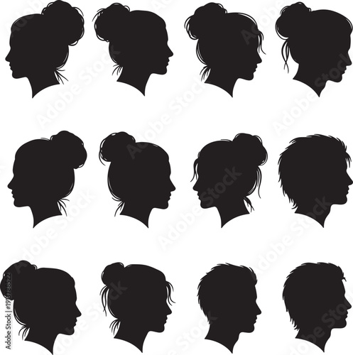 Black silhouettes of women and men with various hairstyles facing right also transparent background profiles