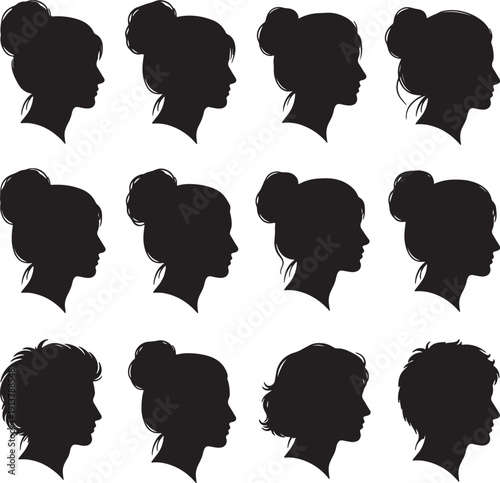 Black silhouettes of women with various hairstyles facing right also transparent background profiles 1