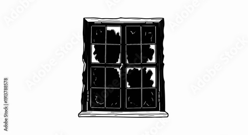 Old, broken window pane with a dark, opaque interior