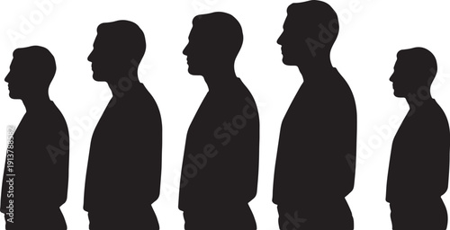 Five black silhouettes of men in a row facing left also transparent background white background profile