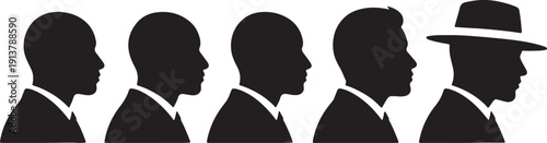 Five black silhouettes of men in suits and one wearing a hat also transparent background hats profiles
