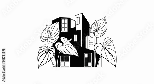 Modern buildings with bold anthurium flowers and windows