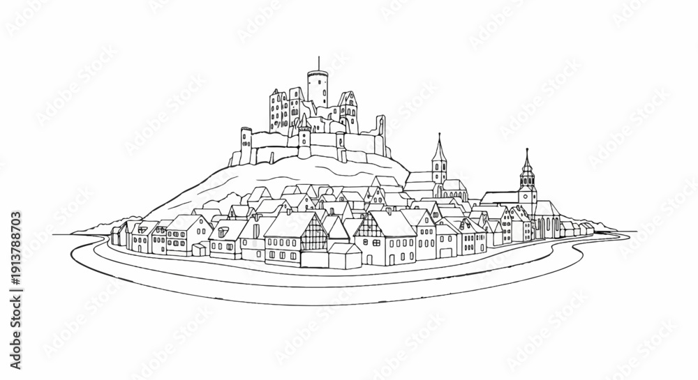 Fototapeta premium Old town with castle on hill overlooking river and churches
