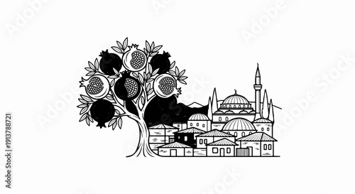 Pomegranate tree stands before a village with a minaret-topped building