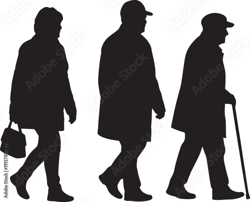 Three black silhouettes of elderly people walking on white background also transparent background