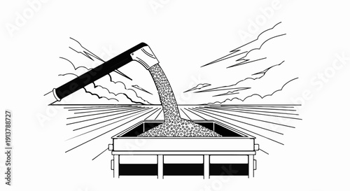 Machine unloads small pellets into a truck bed under a cloudy sky