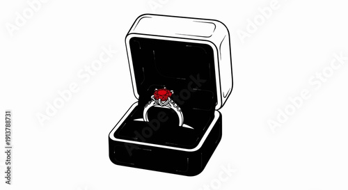Open black jewelry box displaying a diamond ring with a red gemstone