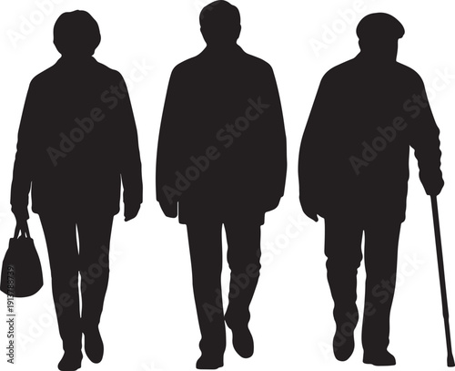 Three elderly people walking in black silhouette on white background also transparent background silhouettes