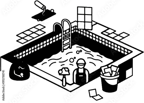 Pool renovation with construction worker and tiling tools depicted