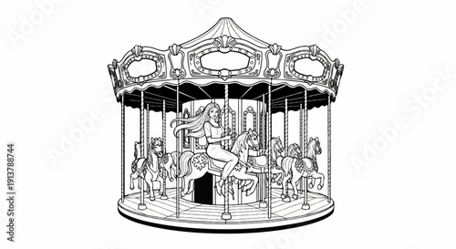 Line art of a carousel with a woman riding a horse