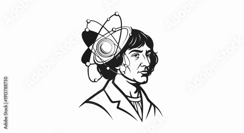 Portrait of a thinker with atomic orbits circling their head