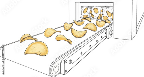 Potato chips on a conveyor belt entering a packaging machine