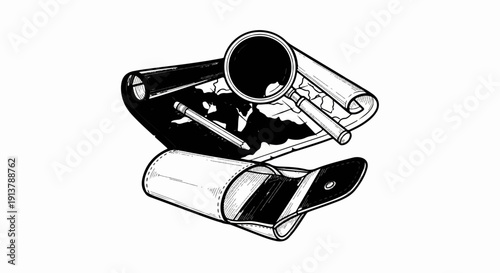 Magnifying glass over map and pencil with case, black and white illustration