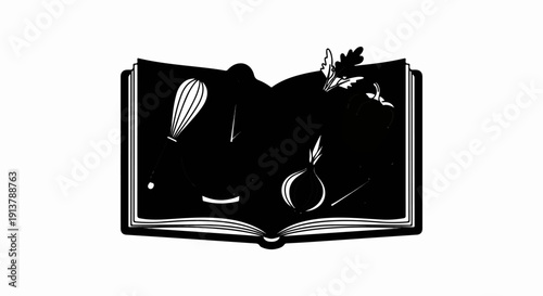 Open book displays kitchen utensils and fresh ingredients