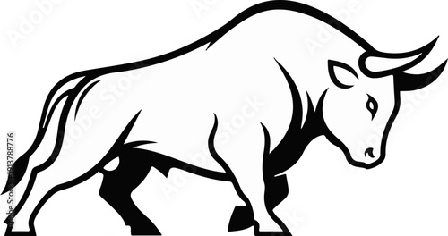 Powerful bull in profile, black and white illustration