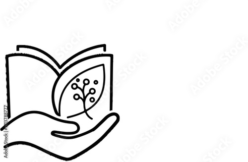 Open book with a plant and hand, symbolizing knowledge and nature