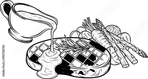 Pouring gravy over a grilled steak with rosemary and asparagus side