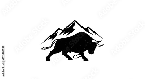 Powerful bull silhouette against sharp mountain peaks, a symbol of strength