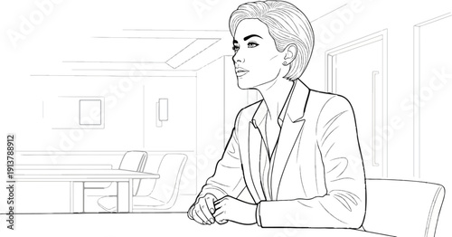 Professional woman in a suit sits attentively in a modern office meeting room setting