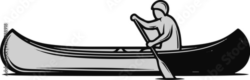 Person paddling a canoe across a body of water with a white background