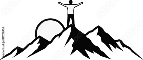 Person on mountain peak with sun rising behind