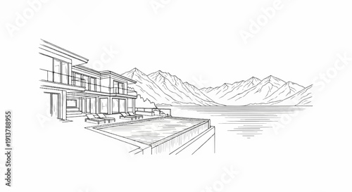 Modern villa with infinity pool overlooking a serene lake and majestic mountains