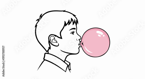 Profile of a young boy blowing a pink bubblegum bubble