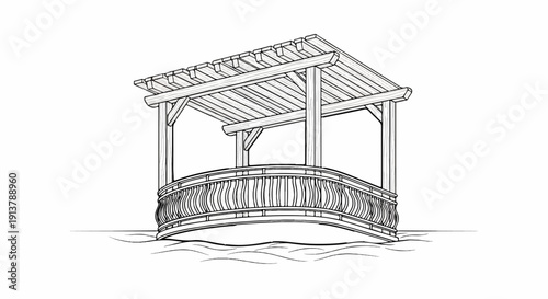 Ornate wooden gazebo-like structure with a sloped, planked roof over a curved railing