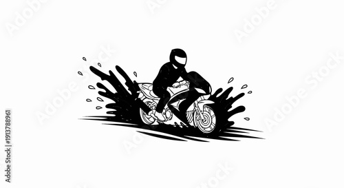 Rider on motorcycle splashes through muddy water, dynamic motion